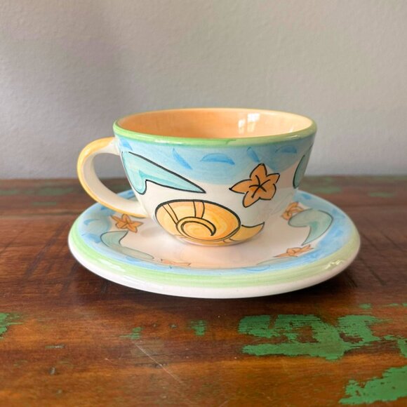 Set of 2 Salute' Ceramics Cups & Saucers | Coastal Shells Beach Cottage Vibes - Picture 3 of 11